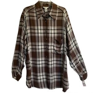 Jones New York Sport Tunic Blouse Brown Plaid Size 22W Long Sleeve NWT R…